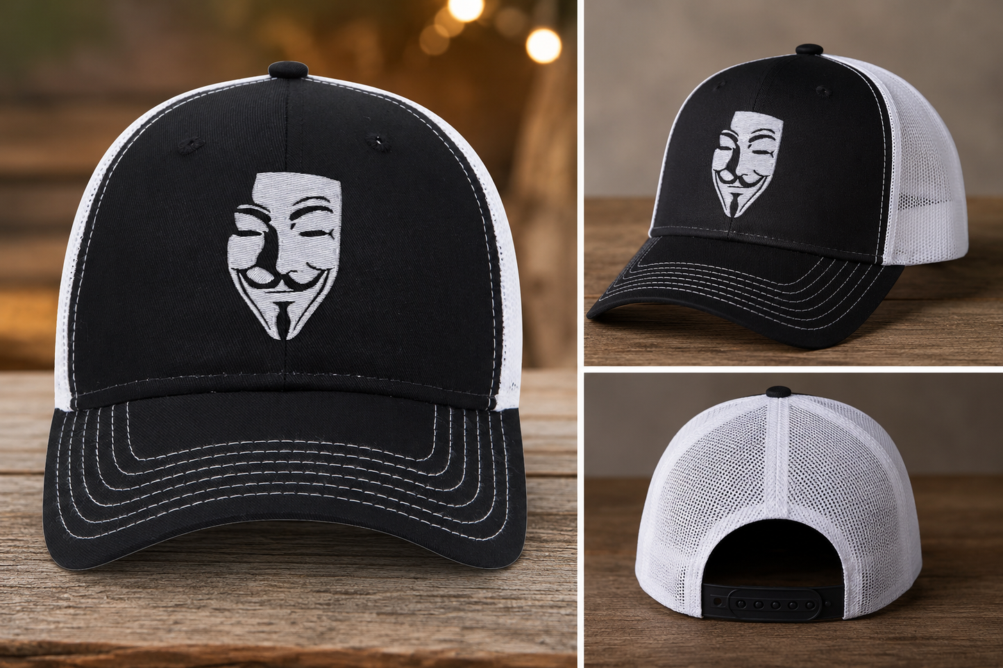 Embroidered Anonymous Style Mask Hat | Trucker Cap | Adjustable Snapback