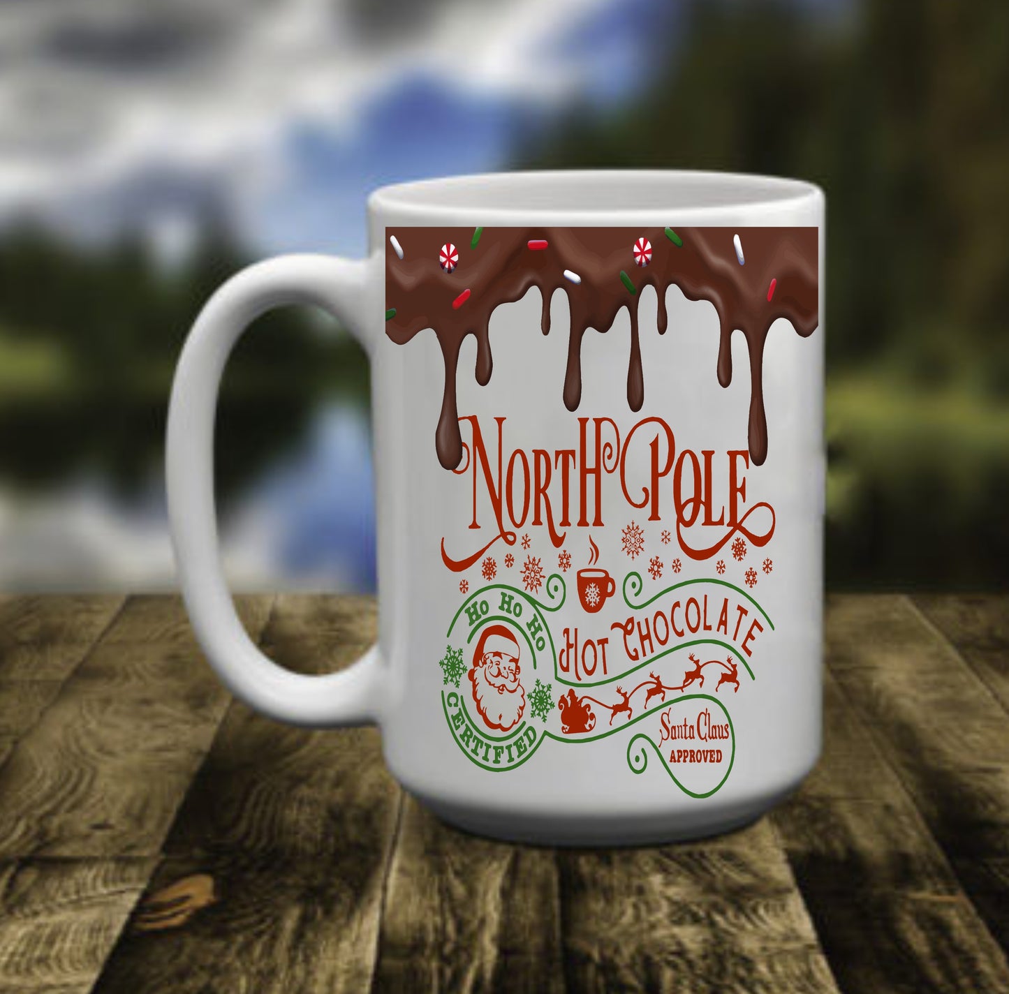 Hot Chocolate, North Pole,  Reindeer, Santa Clause, 15 oz Mug